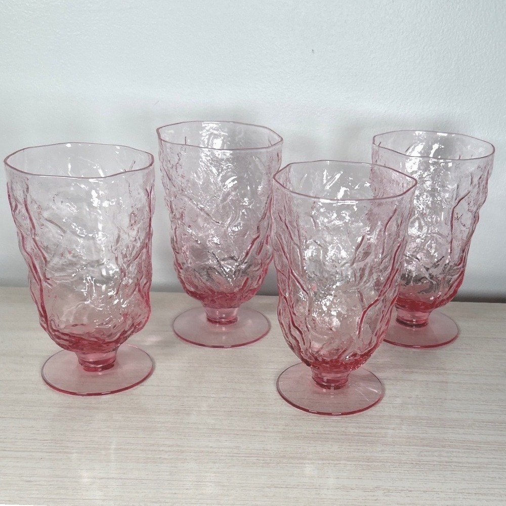 Seneca Driftwood Water Glasses Rose Pink Crinkle Bark Footed Retro FOUR Vintage